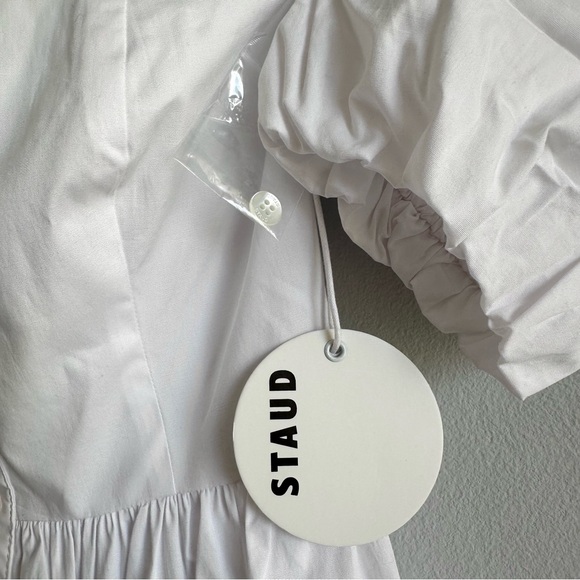 Staud Mini Elio Dress in White / Off The Shoulder Prairie Dress w/ Puffy Sleeves - Picture 11 of 13